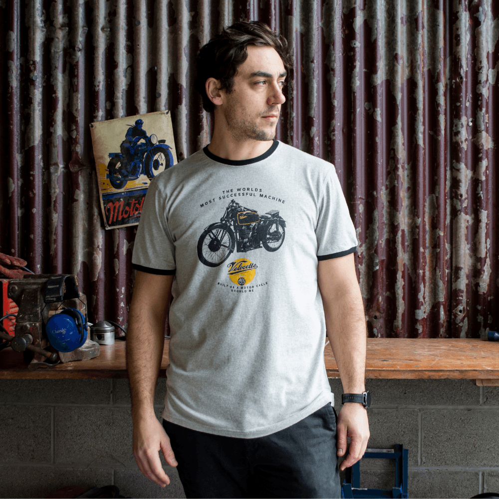 Velocette KTT (Mens) Grey Marle Ringer T-Shirt - Red Torpedo