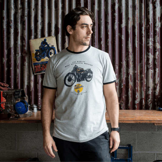 Velocette KTT (Mens) Grey Marle Ringer T-Shirt - Red Torpedo