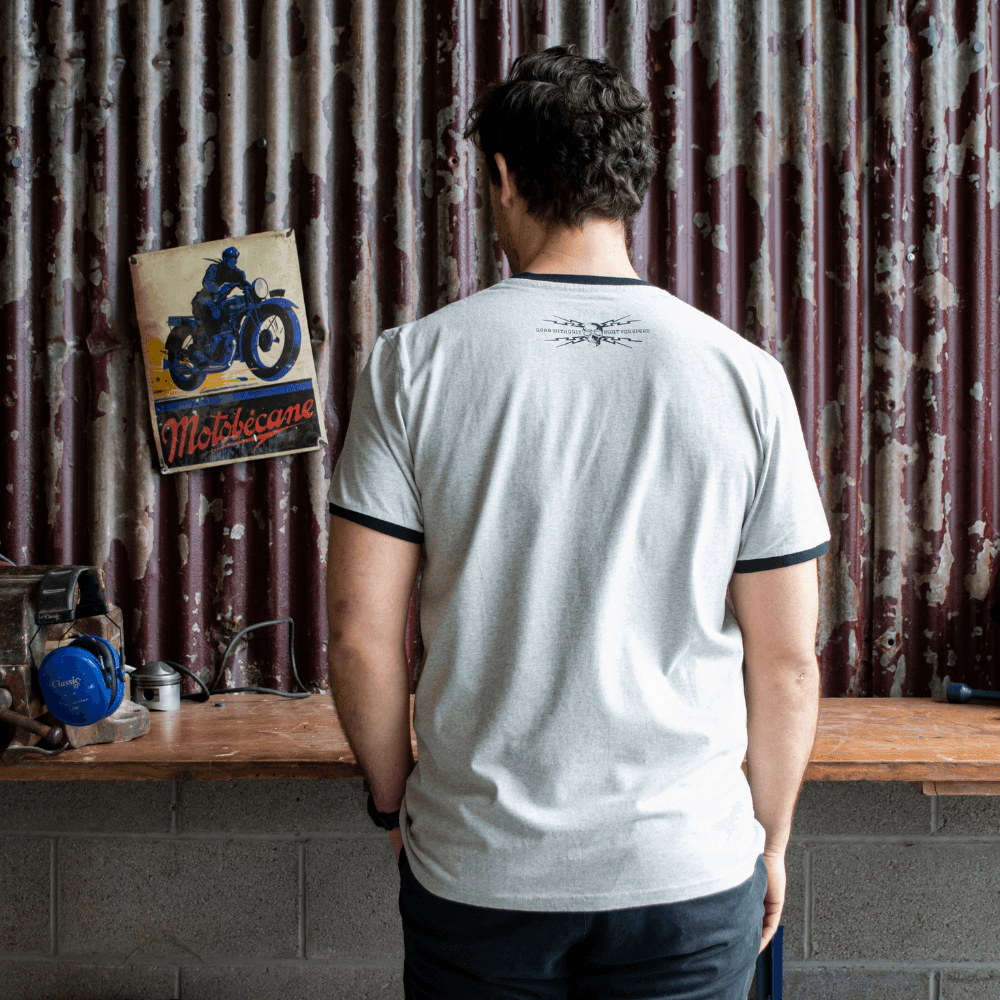 Velocette KTT (Mens) Grey Marle Ringer T-Shirt - Red Torpedo