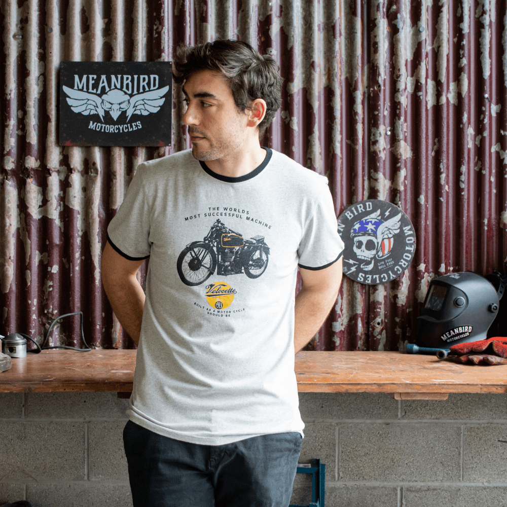 Velocette KTT (Mens) Grey Marle Ringer T-Shirt - Red Torpedo